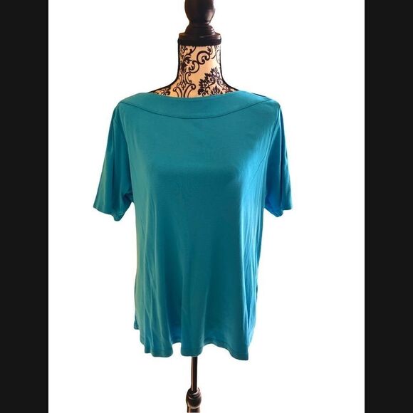 J Jill  Blue Cotton Elbow sleeve Boatneck Tee Size 1X - Picture 1 of 13